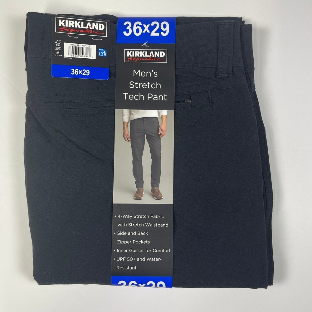 Kirkland Signature Mens Stretch Tech Pant 36x29 Black Water Resistant UPF 50+